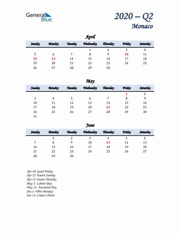 April, May, and June Calendar for Monaco with Sunday Start