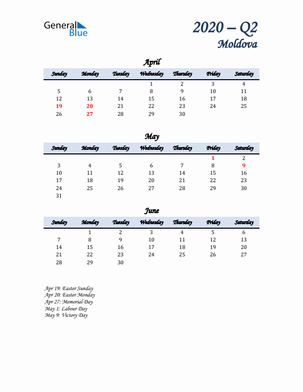 April, May, and June Calendar for Moldova with Sunday Start