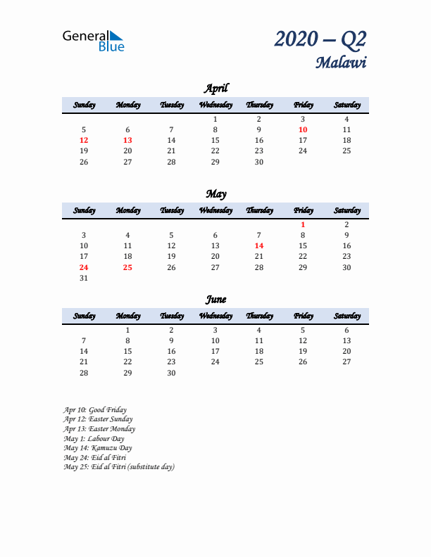 April, May, and June Calendar for Malawi with Sunday Start