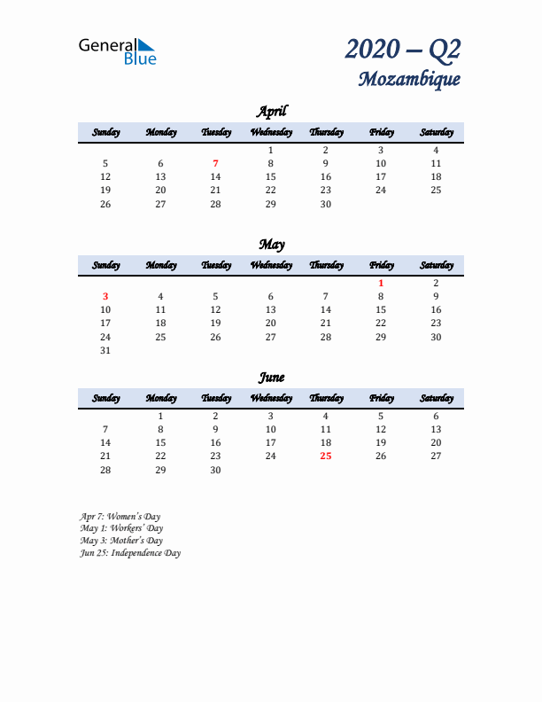 April, May, and June Calendar for Mozambique with Sunday Start