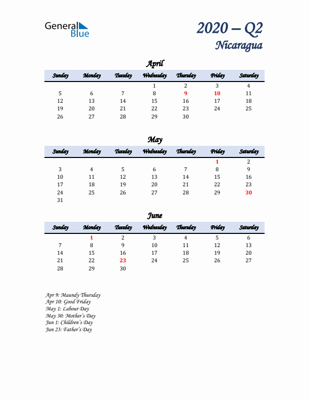 April, May, and June Calendar for Nicaragua with Sunday Start