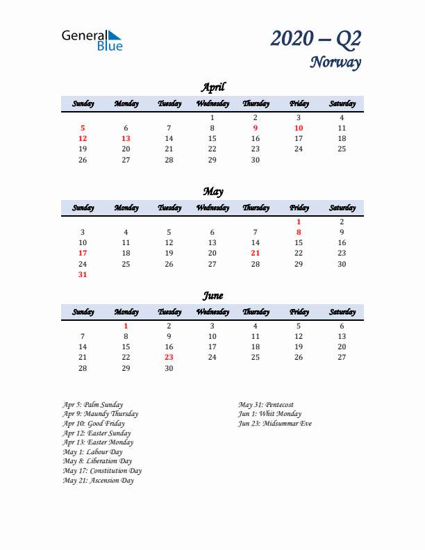 April, May, and June Calendar for Norway with Sunday Start