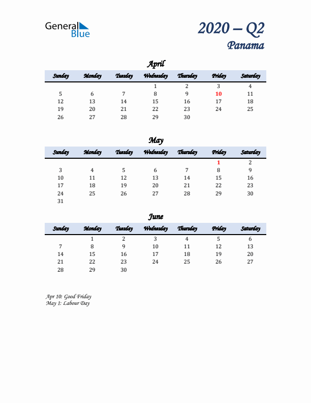 April, May, and June Calendar for Panama with Sunday Start