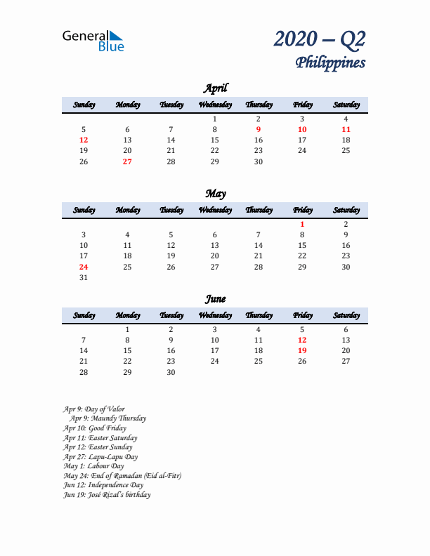 April, May, and June Calendar for Philippines with Sunday Start