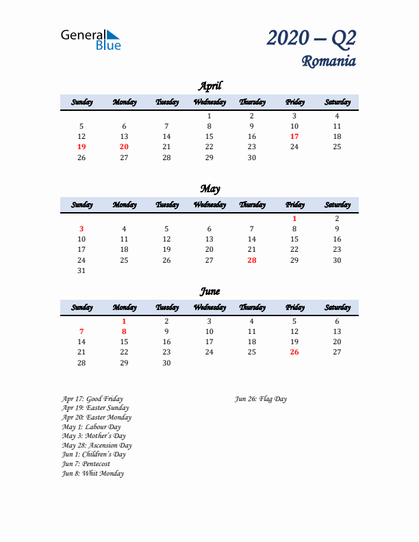 April, May, and June Calendar for Romania with Sunday Start