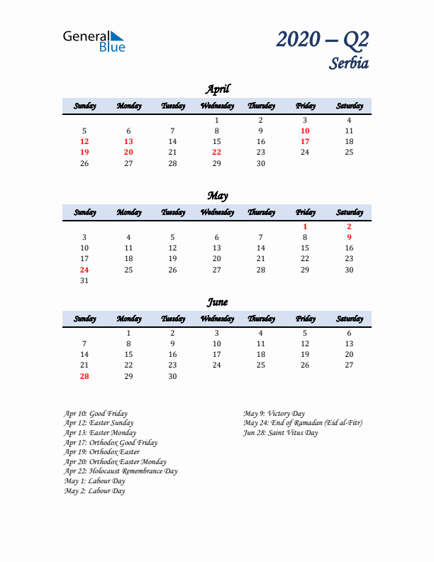 April, May, and June Calendar for Serbia with Sunday Start