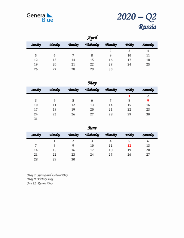 April, May, and June Calendar for Russia with Sunday Start