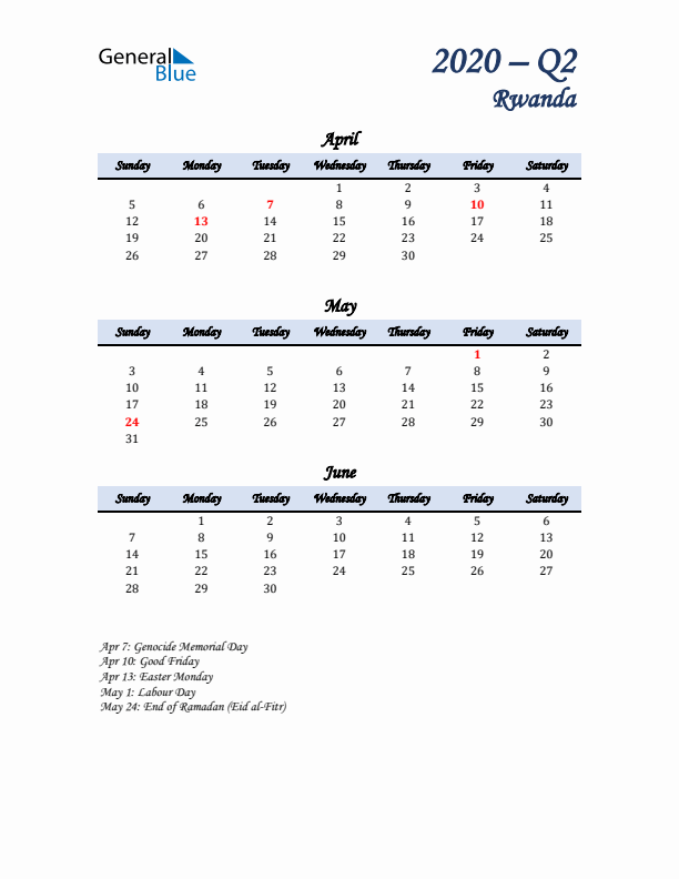 April, May, and June Calendar for Rwanda with Sunday Start