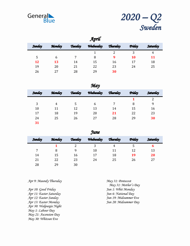 April, May, and June Calendar for Sweden with Sunday Start