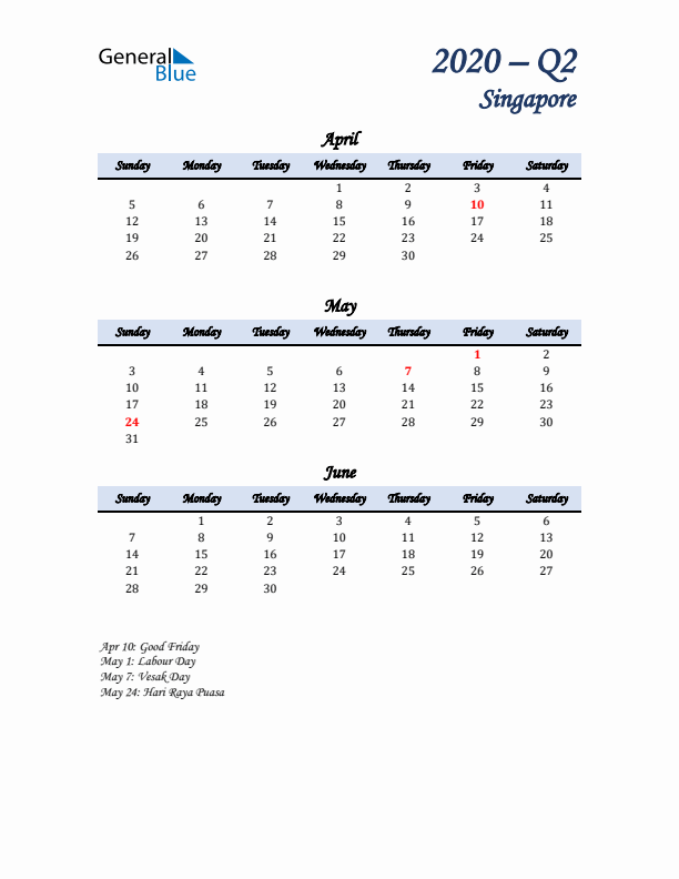 April, May, and June Calendar for Singapore with Sunday Start