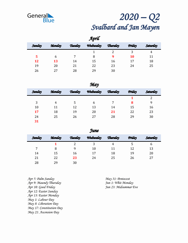 April, May, and June Calendar for Svalbard and Jan Mayen with Sunday Start