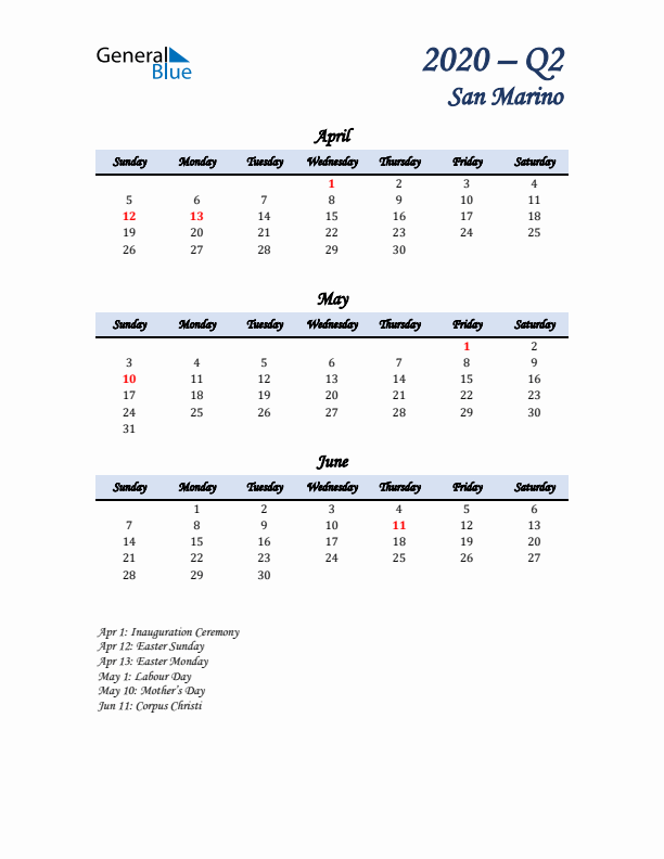 April, May, and June Calendar for San Marino with Sunday Start