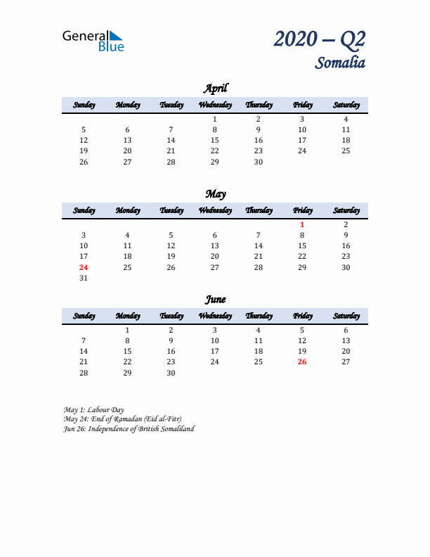 April, May, and June Calendar for Somalia with Sunday Start