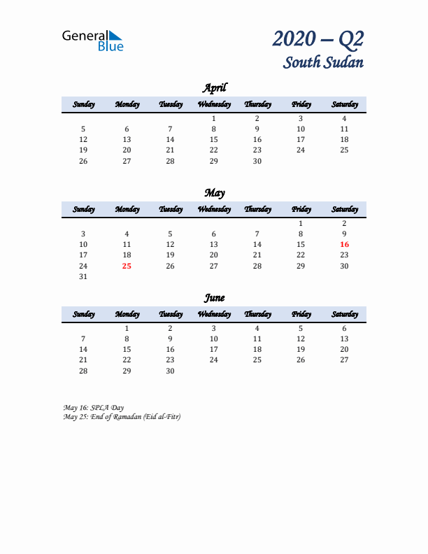 April, May, and June Calendar for South Sudan with Sunday Start