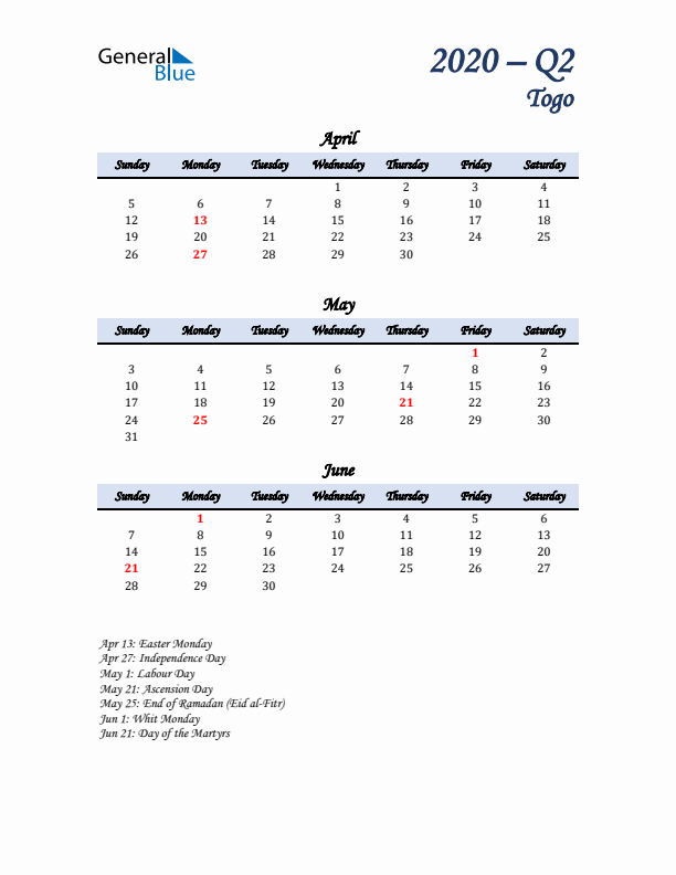 April, May, and June Calendar for Togo with Sunday Start