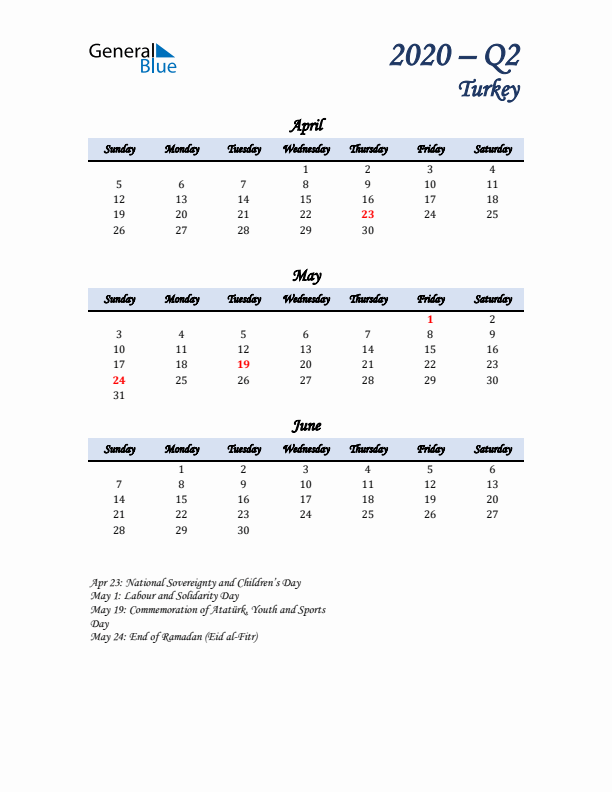 April, May, and June Calendar for Turkey with Sunday Start