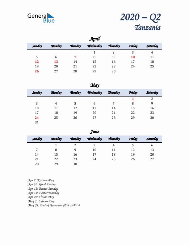 April, May, and June Calendar for Tanzania with Sunday Start