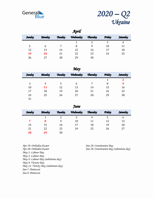 April, May, and June Calendar for Ukraine with Sunday Start