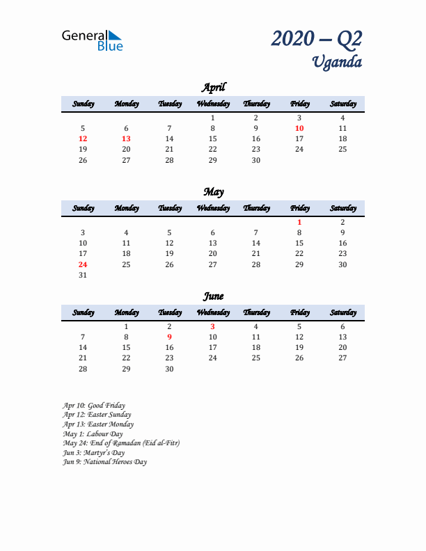 April, May, and June Calendar for Uganda with Sunday Start