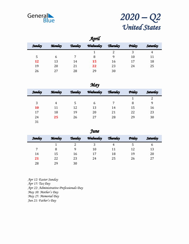 April, May, and June Calendar for United States with Sunday Start