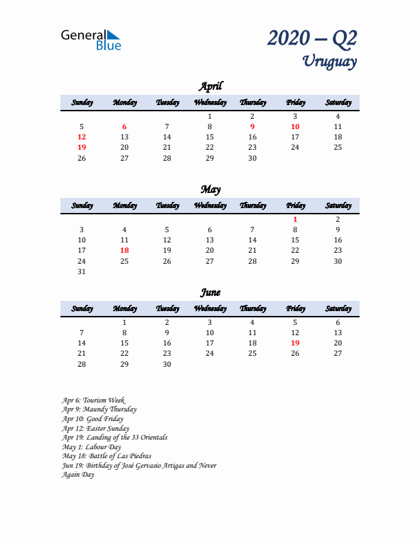 April, May, and June Calendar for Uruguay with Sunday Start