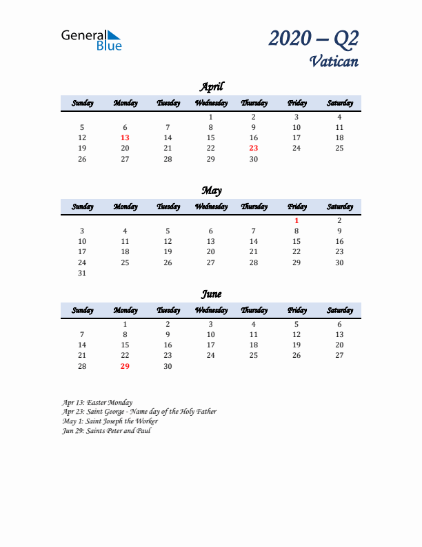 April, May, and June Calendar for Vatican with Sunday Start