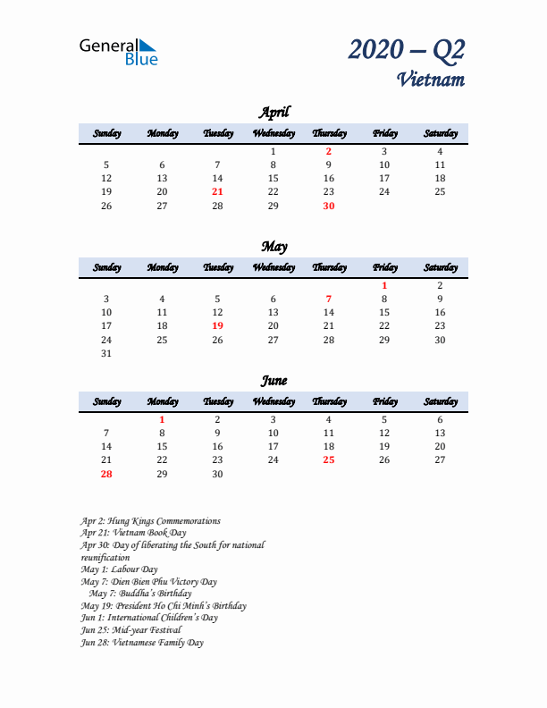 April, May, and June Calendar for Vietnam with Sunday Start