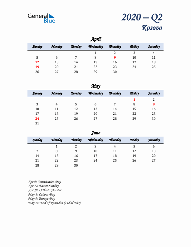 April, May, and June Calendar for Kosovo with Sunday Start