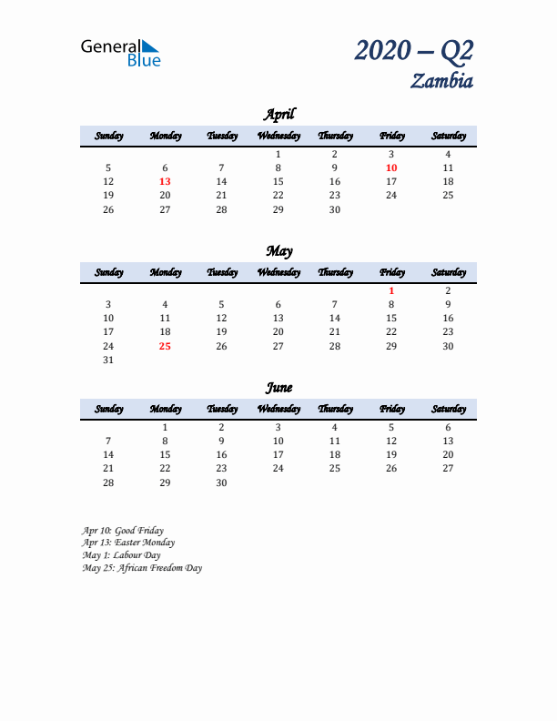 April, May, and June Calendar for Zambia with Sunday Start