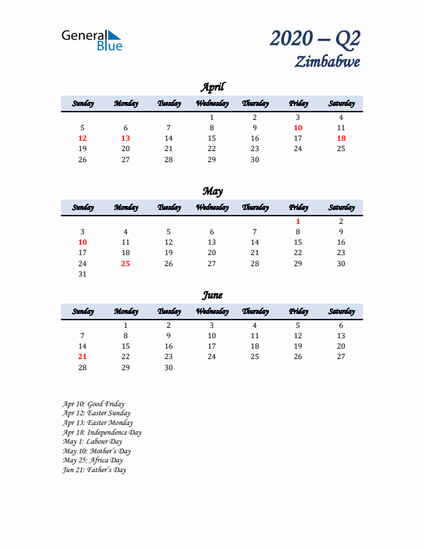 April, May, and June Calendar for Zimbabwe with Sunday Start