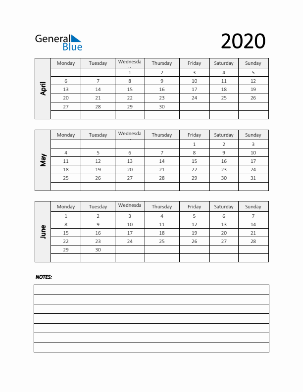 Q2 2020 Calendar with Notes