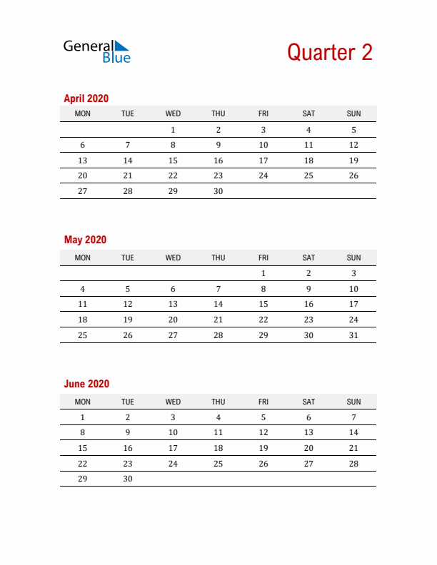 Three-Month Printable Calendar 2020