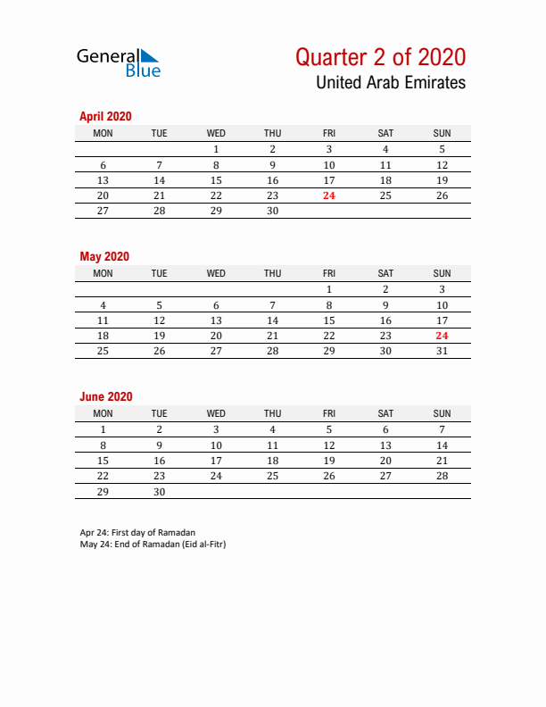 Printable Three Month Calendar with United Arab Emirates Holidays