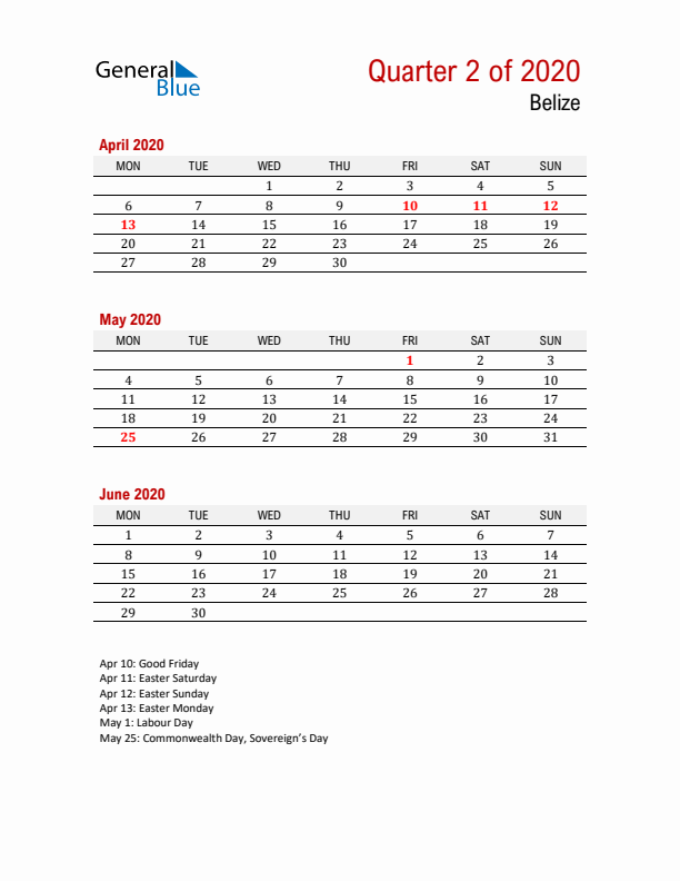 Printable Three Month Calendar with Belize Holidays