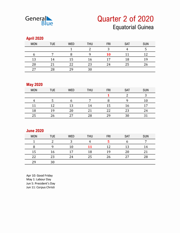 Printable Three Month Calendar with Equatorial Guinea Holidays