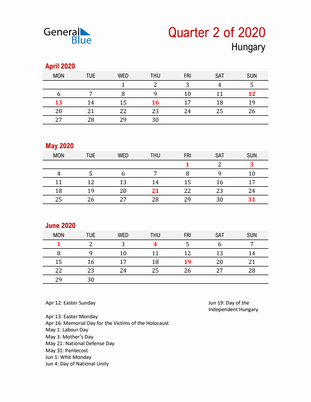 Printable Three Month Calendar with Hungary Holidays