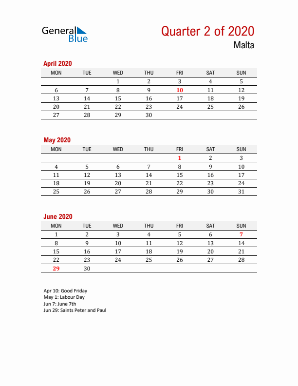 Printable Three Month Calendar with Malta Holidays