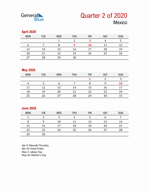 Printable Three Month Calendar with Mexico Holidays