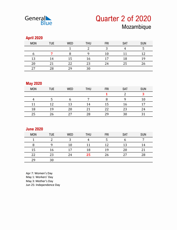 Printable Three Month Calendar with Mozambique Holidays