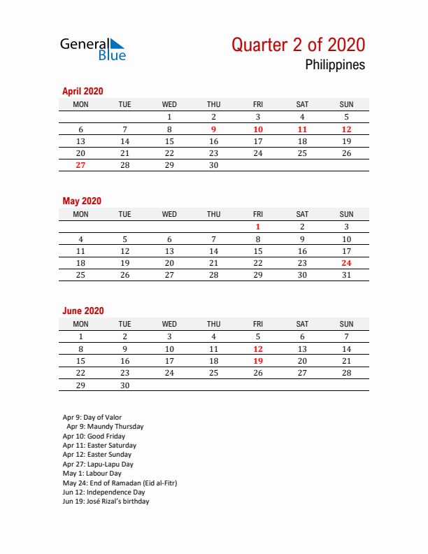 Printable Three Month Calendar with Philippines Holidays