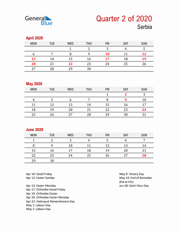 Printable Three Month Calendar with Serbia Holidays