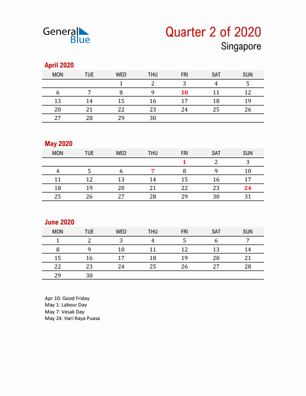 Printable Three Month Calendar with Singapore Holidays