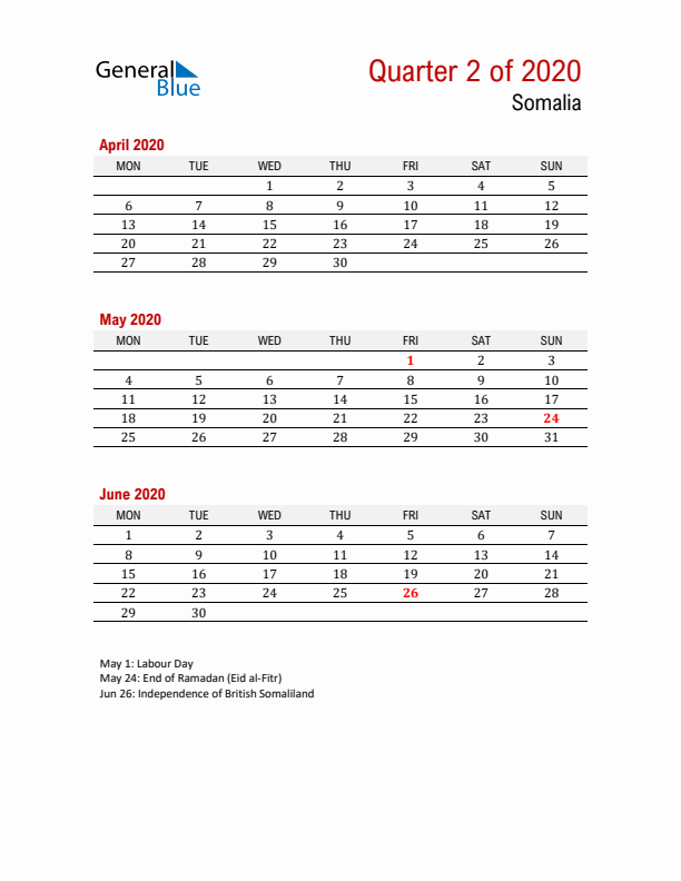 Printable Three Month Calendar with Somalia Holidays