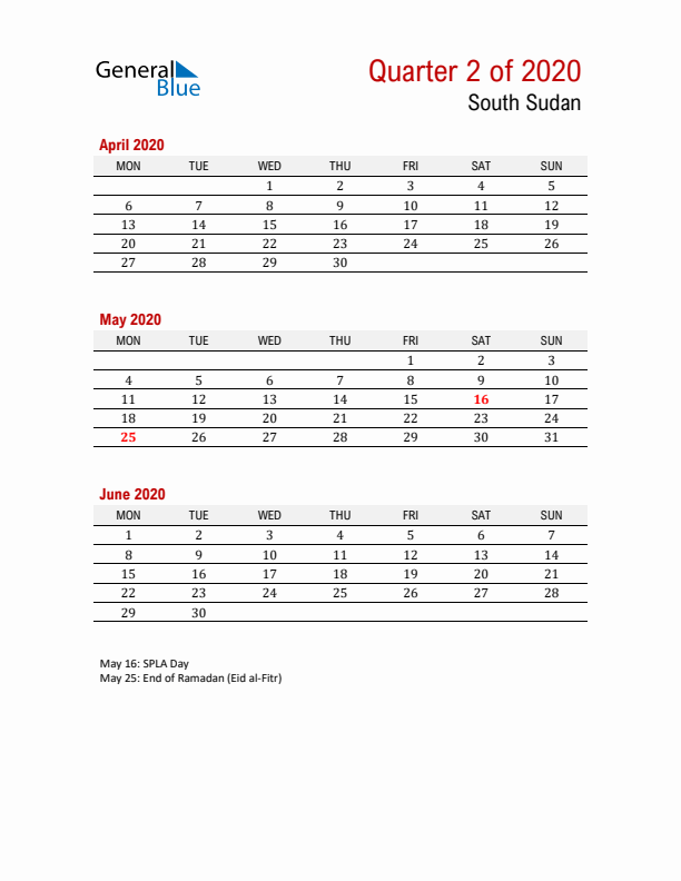 Printable Three Month Calendar with South Sudan Holidays