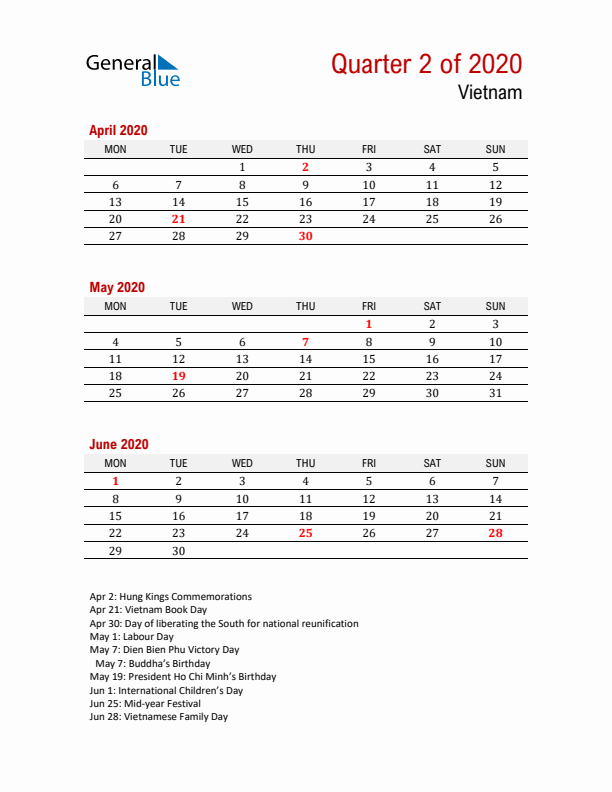 Printable Three Month Calendar with Vietnam Holidays