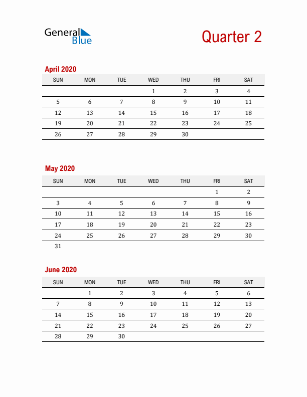 Quarter 2 2020 Calendar Printable (PDF, Word, Excel)