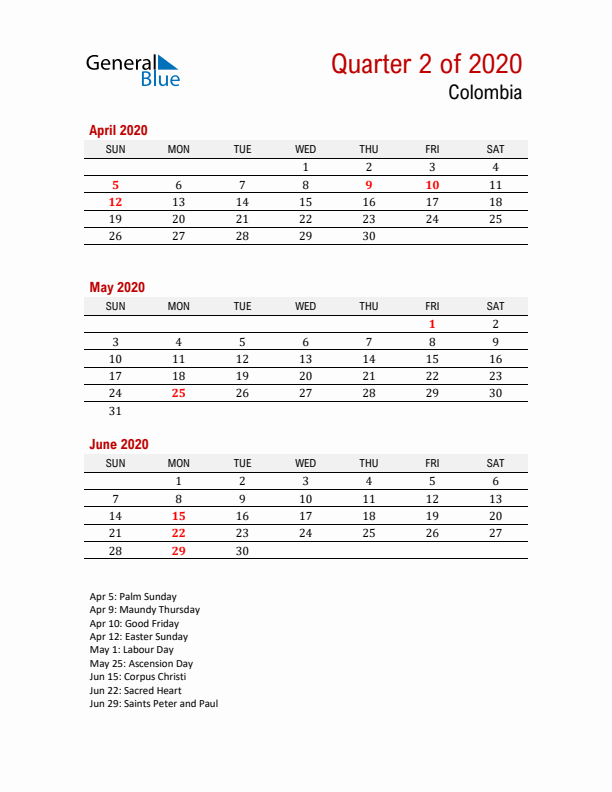 Printable Three Month Calendar with Colombia Holidays