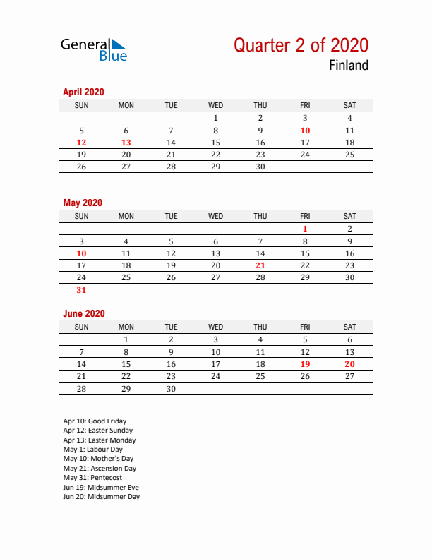 Printable Three Month Calendar with Finland Holidays