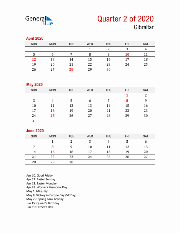 Printable Three Month Calendar with Gibraltar Holidays