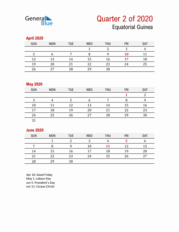 Printable Three Month Calendar with Equatorial Guinea Holidays